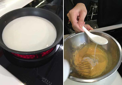 將溫牛奶慢慢加入蛋黃液中